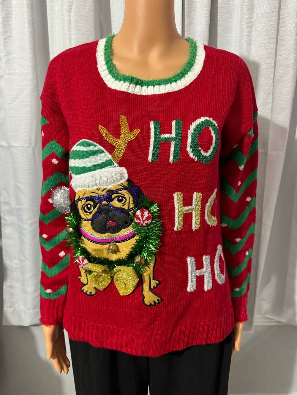 Fun Celebrate Together size S red pug dog Ugly Christmas Sweater sequins new